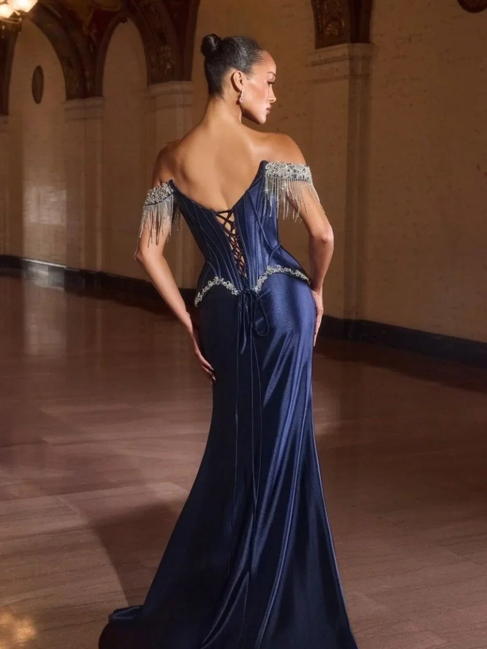 New Navy Beaded Festive Soft Satin Dress w/ Corset Bodice & Leg Slit CD688 - Picture 7 of 9